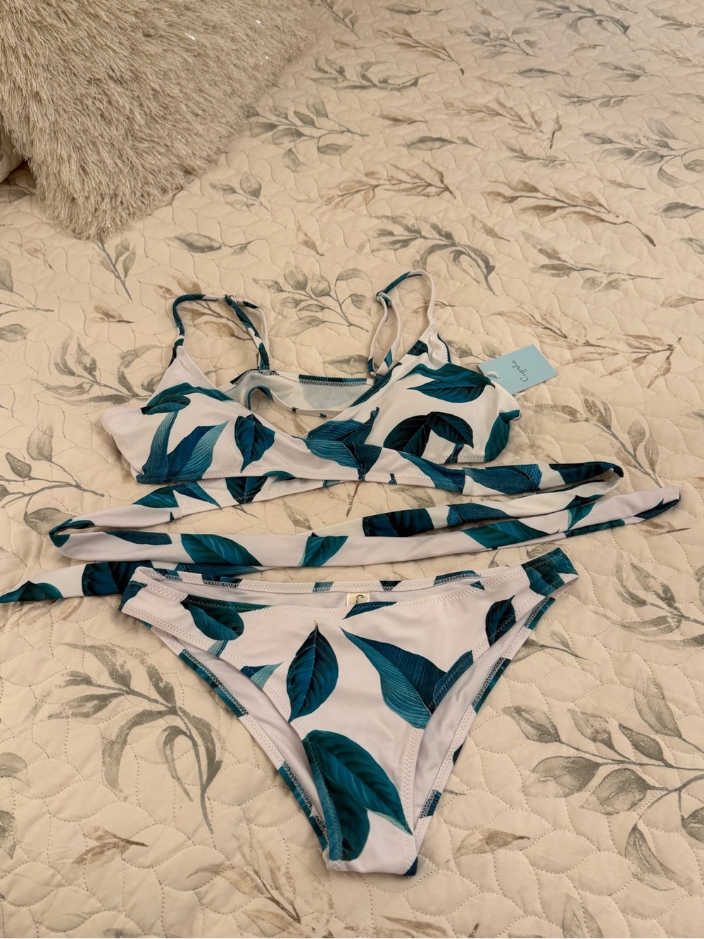 Leaf Print White & Teal Bikini Set